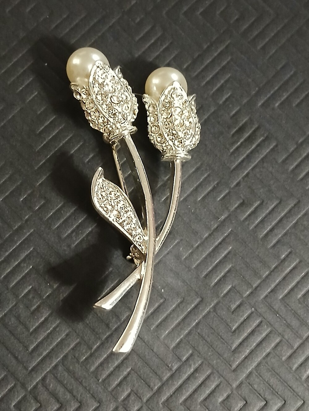 Vintage Silver Tone Double Tulip Brooch Pave Rhinestones With Faux Pearls 2"